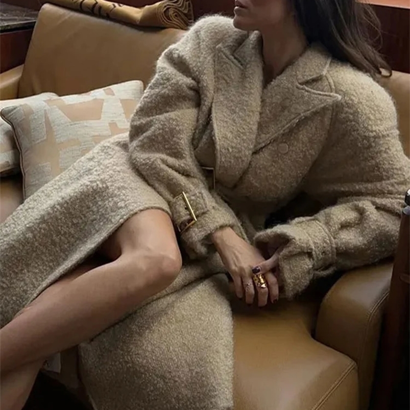 Lace Up Long Woolen Coat Women Autumn Winter Double-breasted Long Sleeve Lapel Overcoat Elegant Female Vintage Topcoat 240729
