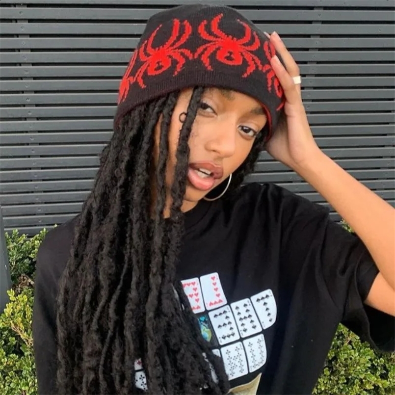 Beanie/Skull Caps Funny Cartoon Spider Jacquard Pattern Women Warm Knitted Hat American Gothic Punk Hip Hop Men Cap Kpop Y2K Vintage Beanie 231109