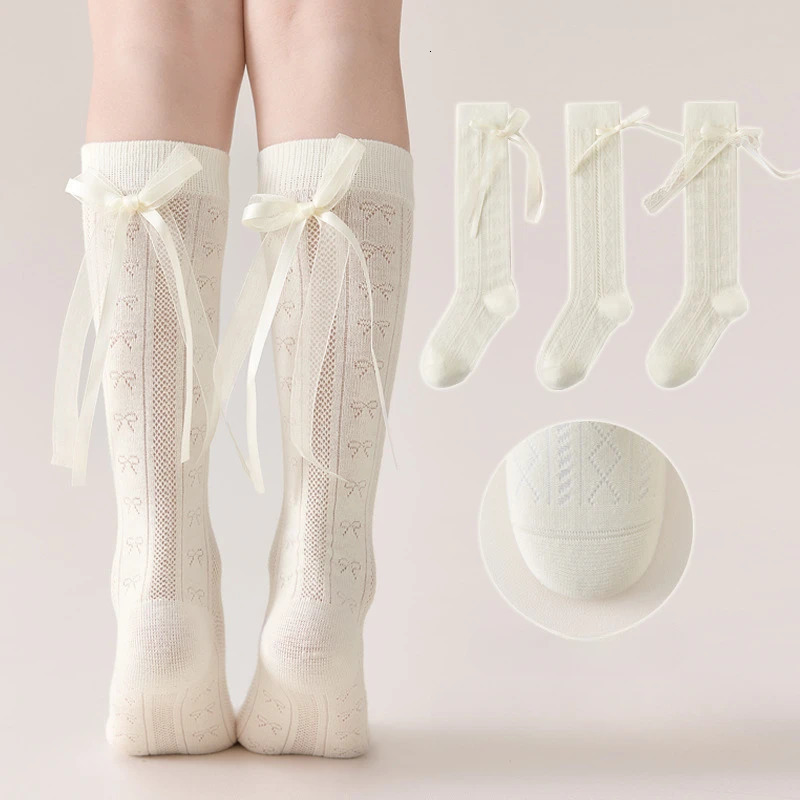 1 Pair Summer Thin Kids Girl Calf Sock Beige Color Fashion Sweet Bow for Children Soft Cotton Breathable Mesh School 250812