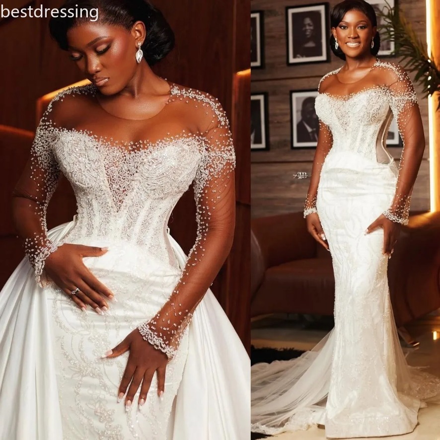 Robes de mariée sirène arabe plus taille ivoire en perles de perles manches complètes dentelle détachable dentelle à paille