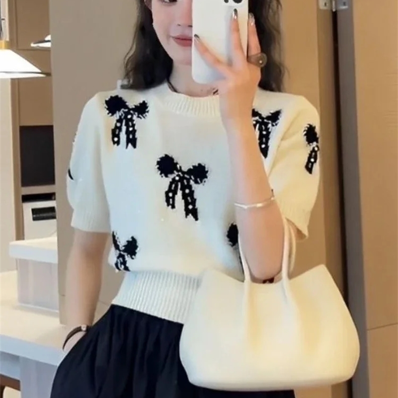 Sweet Jumper Korean Fashion Short Sleeve Pullovers Womens Clothing O-neck Bow Pull Femme Casual Knitted Cropped Sweater Tops 250121