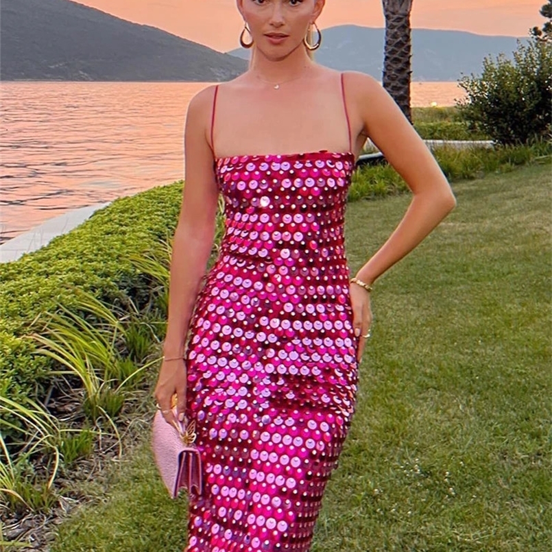 Sexy Women Sparkle Midi Dress Sleeveless Backless Bodycon Long Dresses Spaghetti Strap Sequined Party Club Cami Dress Vestidos 250310