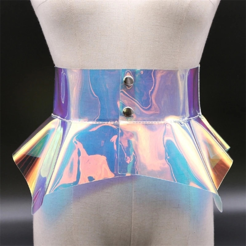 Fashion Women Transparent Wide Belt Laser Colourful PVC Waist Corset Cummerbund Lrregular Pleated Clear Belts For Dress 240106bj