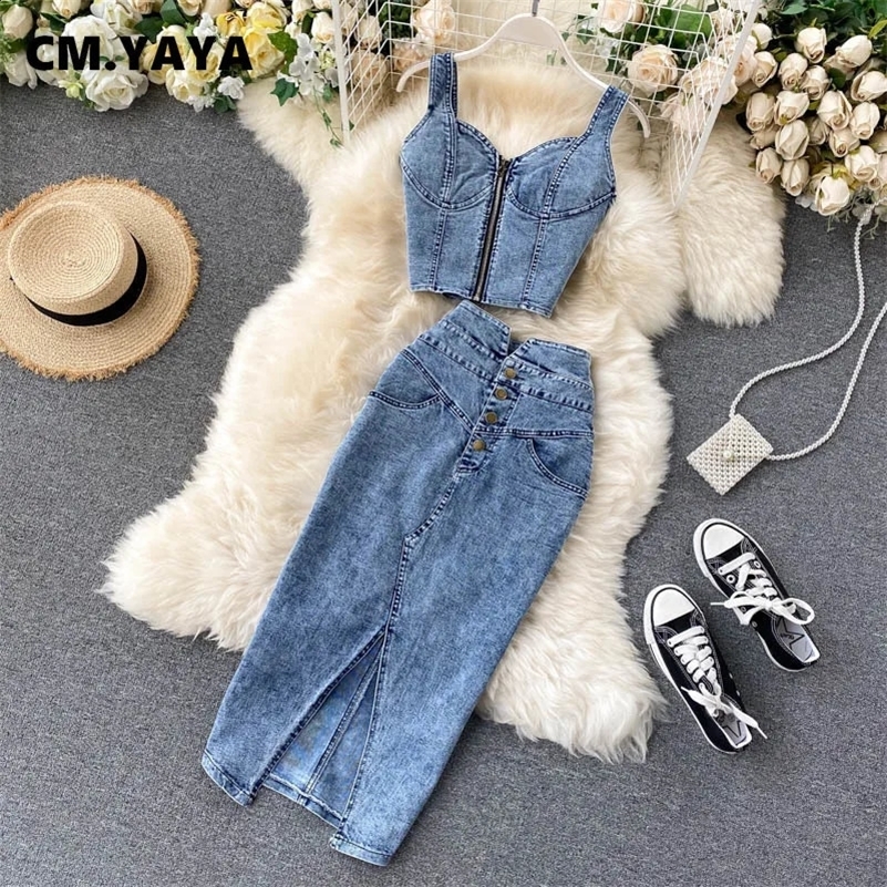 C.yaya Femmes Denim Ensembles de sangle sans manches Crop top et longues jupes 2024 Jeans d'été Streetwear deux sets de 2 pièces tenues 250207