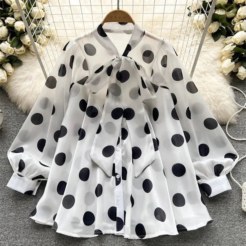 Womens Spring All-match Chiffon Shirt Bow Tie Long-sleeved Polka Dot Printed Japan-style Top Blouse Woman Blusas D999 250422