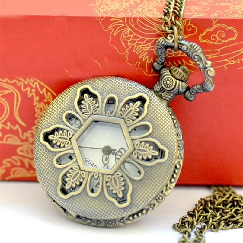 1204 Vintage hollow out Flowers Quartz Pocket Watch Necklace Hunter Case 12pcs/lot wholesale 240626