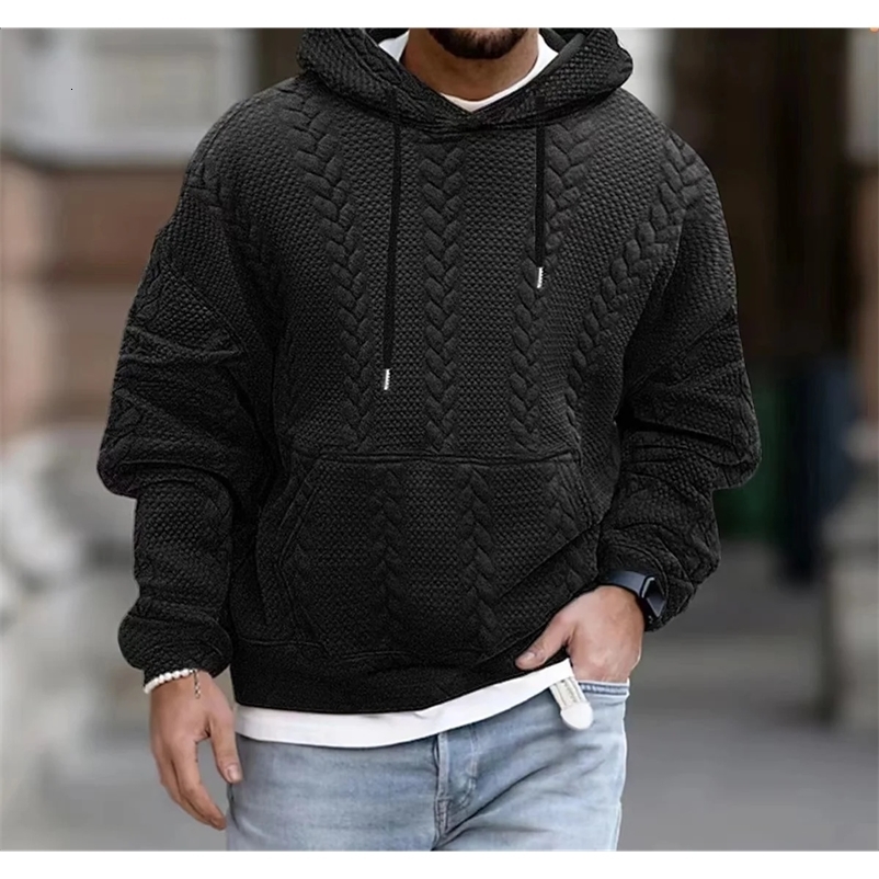 Mens Hoodie Fashion Street Clothing Casual Mens Loose Long Sleeve T-shirt Top Solid Jacquard Knitted Pulling Flower Thick Hoodie 240826