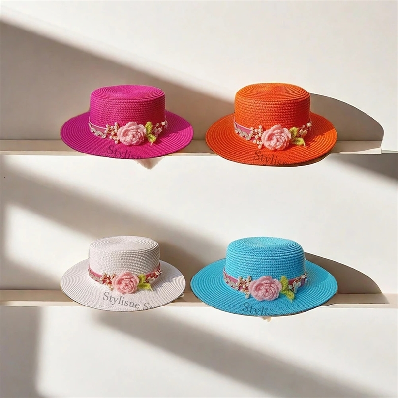Straw hat flat top French British style womens summer retro fancy gold velvet ribbon beach vacation sun protection 240626