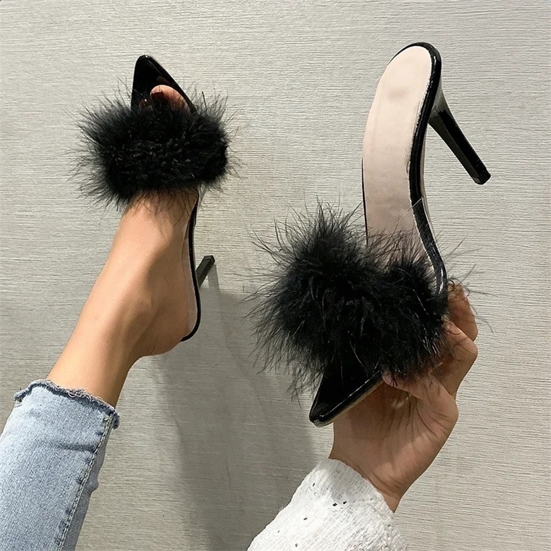 Womens High Heel Slippers Female Summer European and American Large Heel Slim Heel Plush Pointed Slippers Female 250227