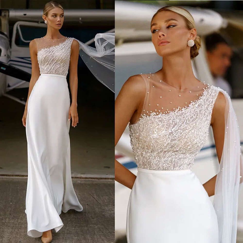 Bright Chiffon Women Wedding Dresses Lace Print Design A-Line Bridal Gowns Sexy Sleeveless Elegant Clothes White Novia Civil
