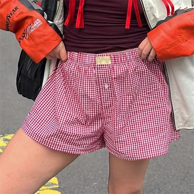 Shorts de boxeur en vichy pour femmes adolescentes girls élastiques à la gamme élastique à plaid bleu rouge tenue salon décontracté shorts d'été