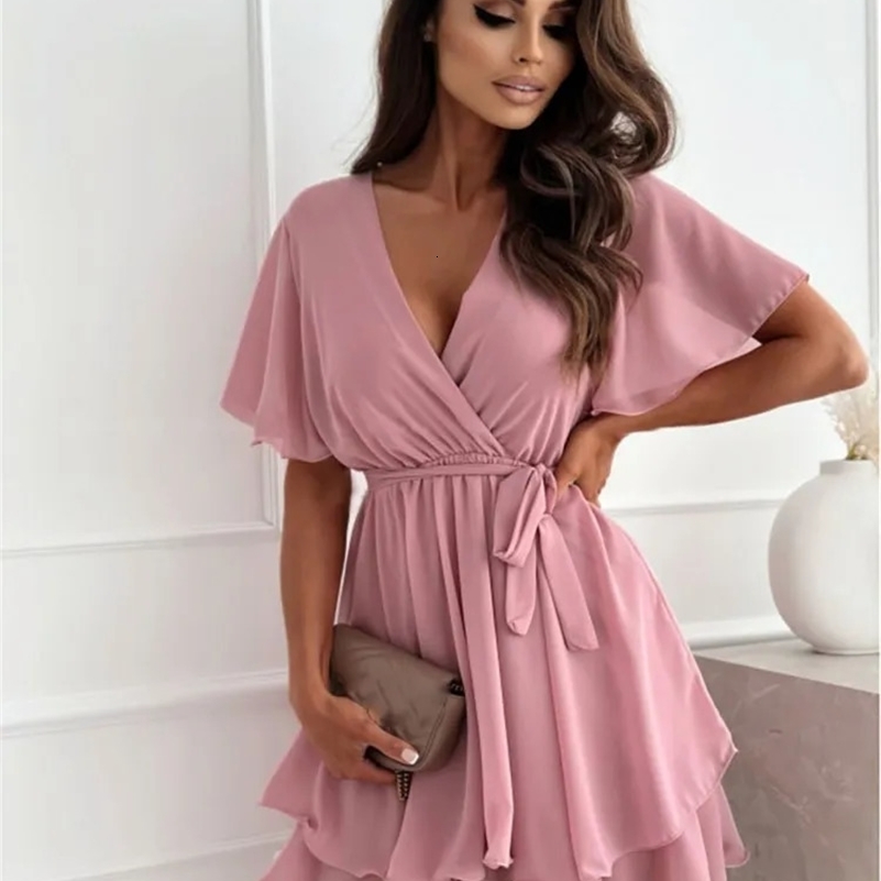 Summer Casual Party Dresses Sexy V-neck Cross Strap Mini Skirt Ruffled Hem Chiffon Dress Female Fashion Women White Black Dress 250519