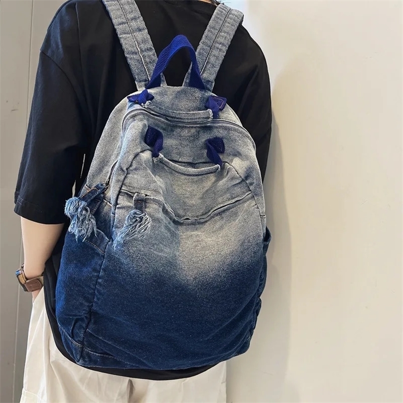 Womens Backpack Gradient Washed Canvas Large Capacity Minimalist Denim Fashion Trend Backpack 240620