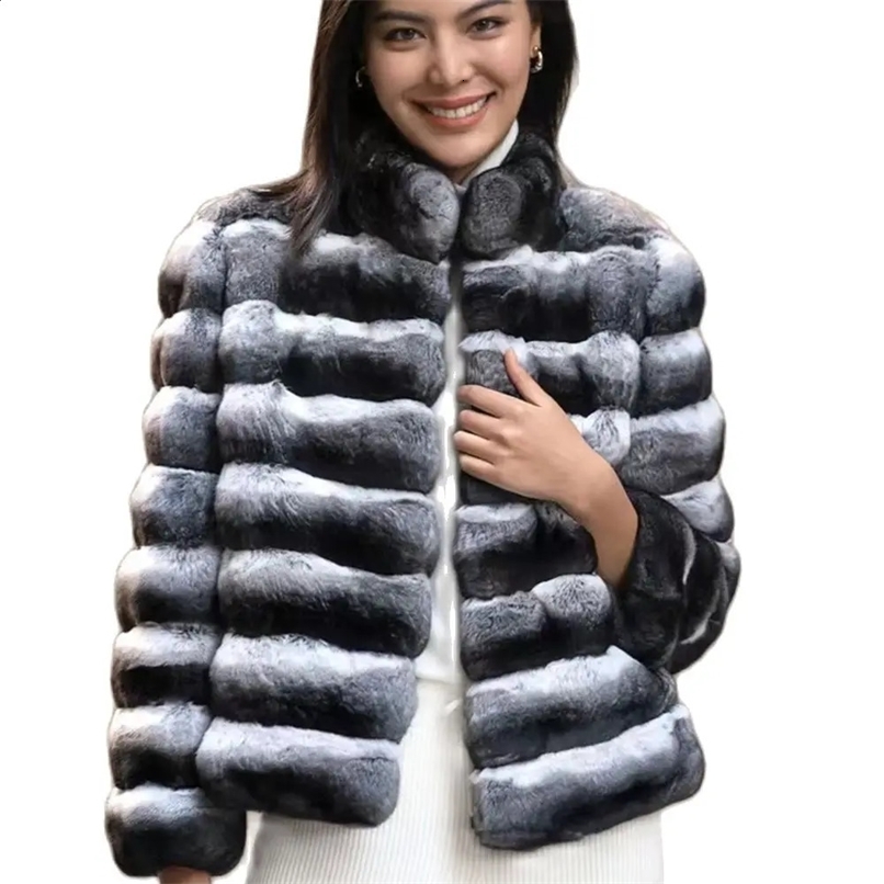 2024 womens Chinchilla striped jacket Real Rex Rabbit fur all-in-one fur coat length 60cm package mail winter thic 241121