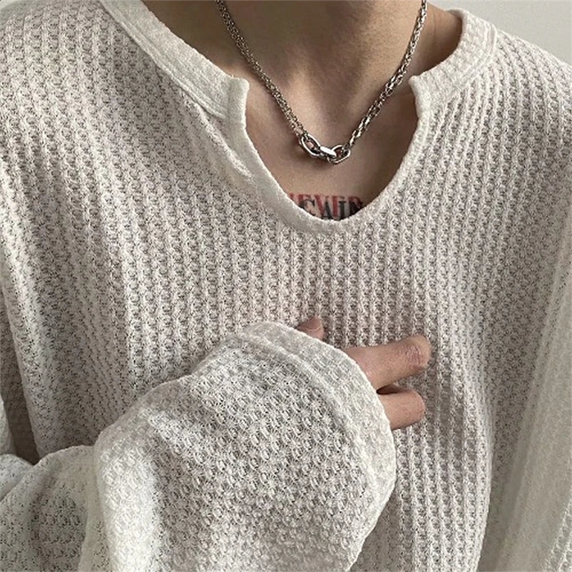 Mens Retro Loose Lazy Stylish Long Sleeve T-Shirt Casual O Neck Solid Exposed Clavicle Tops Breathable Basic Shirt 2025 241223bj