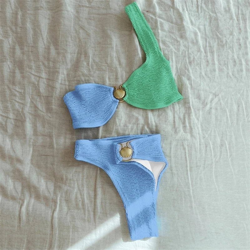 Sexy Shell One Shoulder Bikini Textured Swimwear Women 2024 High Cut Swimsuit Women Bathing Suits Solid Brazilian Biquinis Set 250121