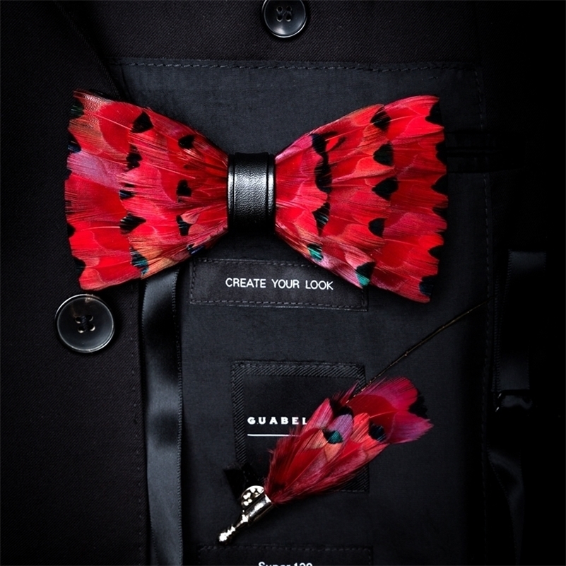 GUSLESON Exquisite Hand made Feather Bow Tie Brooch Pin Set With Gift Box Pre-tied Men Tie Bowtie For Wedding Party 201028