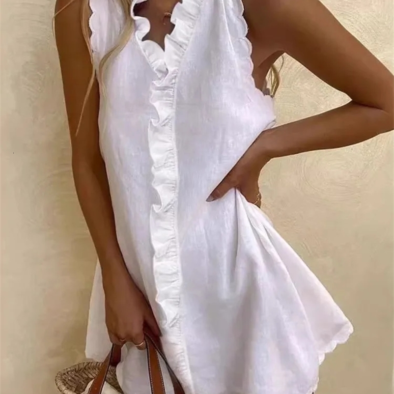 womens casual cotton linen white dress summer V-neck pleated sleeveless elegant bohemian beach party mini dress womens long robe 250428