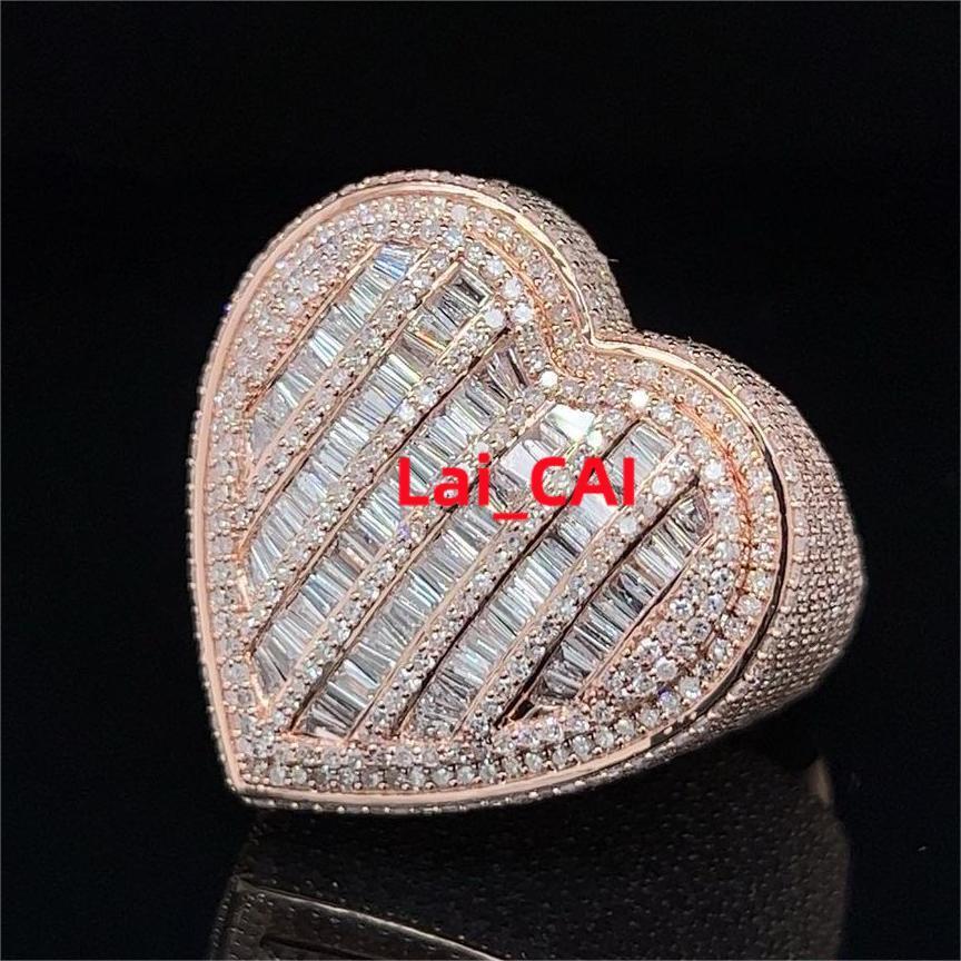 Moissanite Hiphop Diamond Ring Hip Hop Baguette Cut Heart Shape Rose Gold Plated 925 Sterling Silver Vvs Moissanite Ring