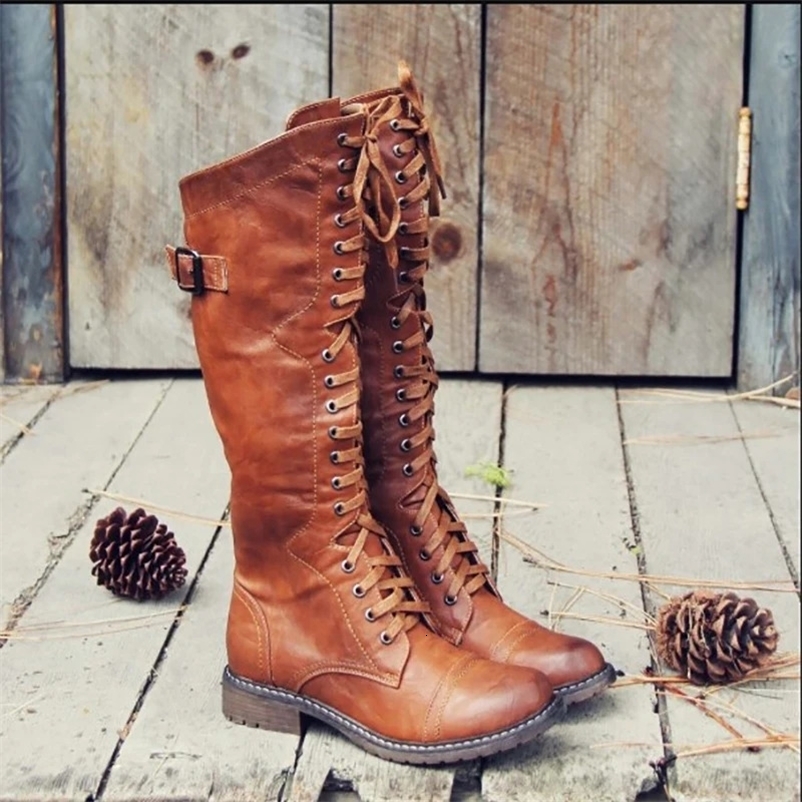 Womens knee high boots autumn and winter lace flat shoes sexy PU leather shoes retro button womens shoes fashionable black knight boots 240823bj