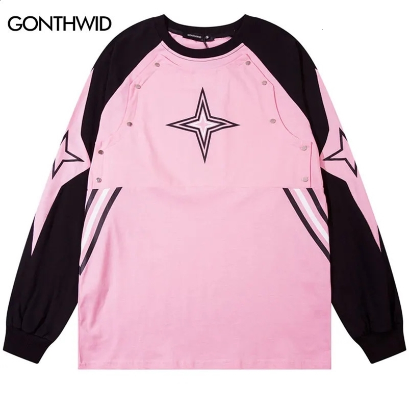 Men Sports Oversize T-Shirts Y2K Streetwear Hip Hop Star Print Patchwork Long Sleeve Cotton Tshirt Harajuku Loose Cotton Tops 240821