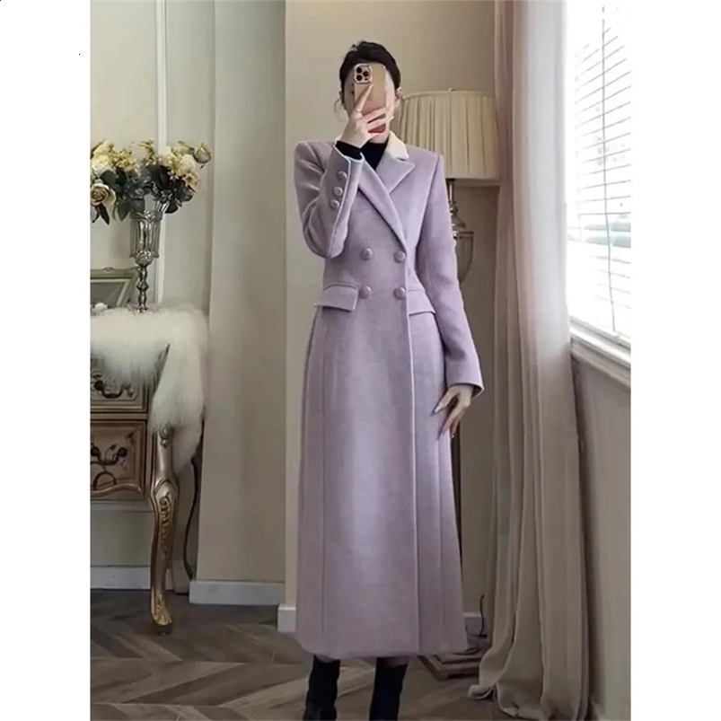 MEXZT Elegant Long Wool Blends Coats Women Korean Quilted Blazer Jackets Double Breasted Woolen Overcoat Winter Thick Outerwear 240729