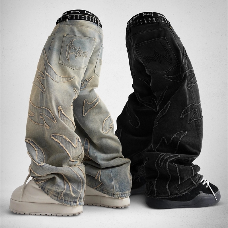 Y2k Streetwear Retro Raw Edge Embroidery Baggy Jeans Men Women Fashion Hip Hop Personality Patchwork High Waist Denim Pants 250327