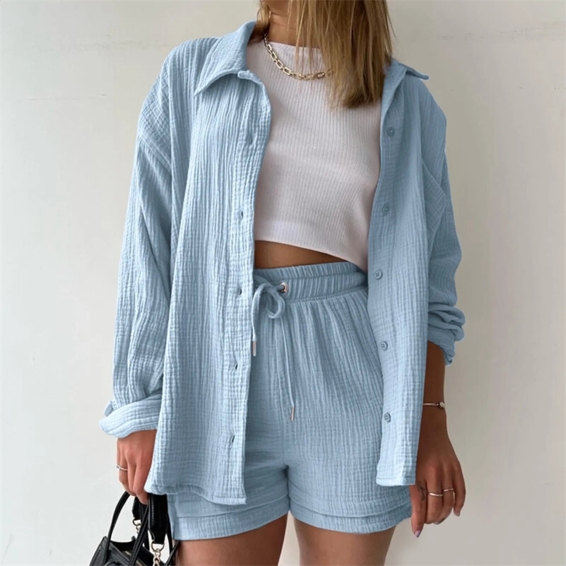 Summer Womens Suit 2024 Wrinkles Shirts Two Piece Set Solid Color Ladies Drawstring Short Sets Blue Button Outfits Clothing 250116