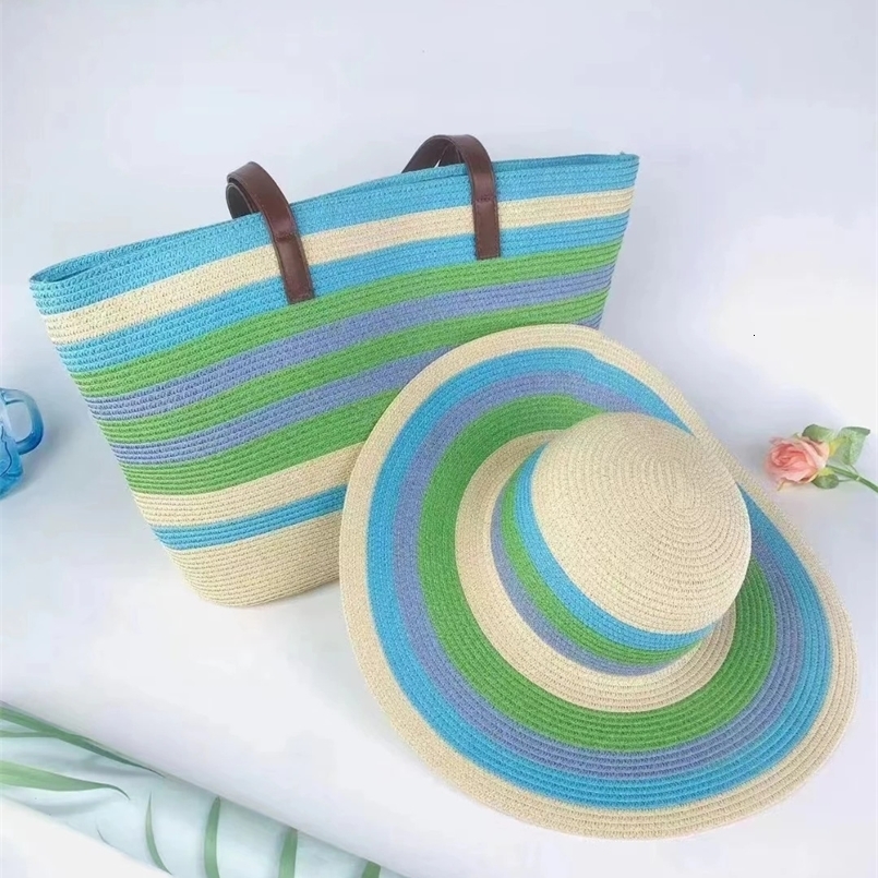 color striped wide brim straw hat set summer hat womens hand-woven bucket bag hat beach vacation sun protection hat 240514