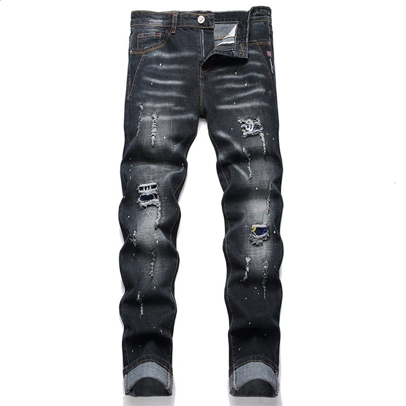 Fashion Slim Stretch Ripped Jeans Mens Streetwear Paint Spots Denim Pants Hip Hop Punk Personality Hole Male Trousers 240828