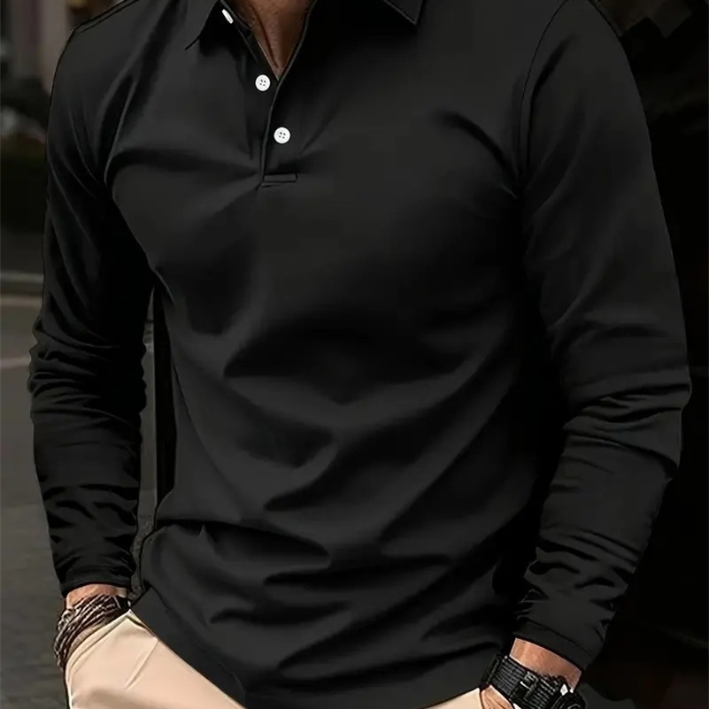 Spring and Autumn Classic Mens Fashion Button Solid Color Long Sleeve Collar Shirt Mens Sports Breathable Casual Polo Shirt 241227