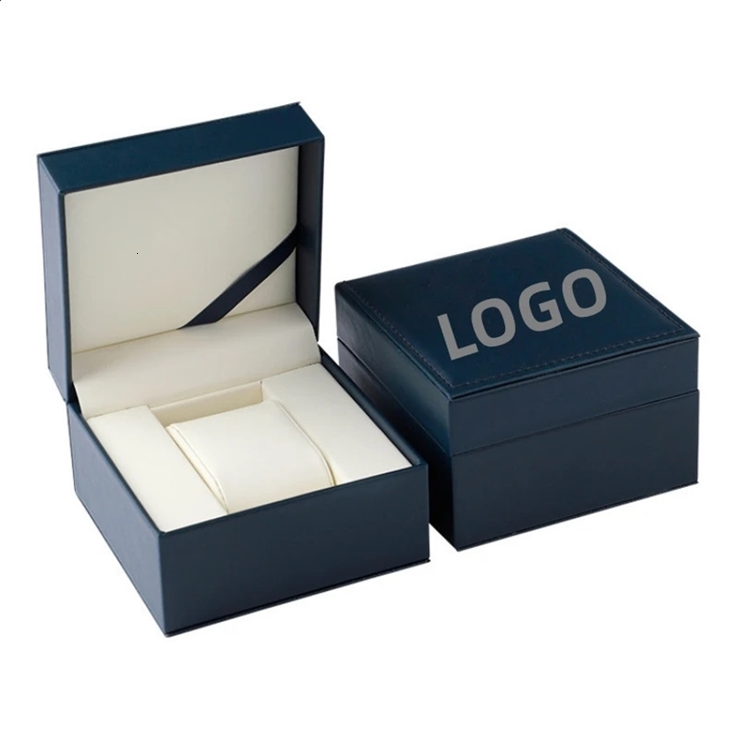 Blue PU leather case inner white 1Pcs free customization anti pressure and shockproof watch packaging storage box wholesale 240812