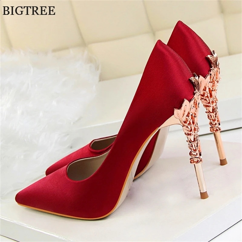 2025 Elegant Metal Carved Heel Women Pumps Solid Silk Pointed Toe Shallow Fashion High Heels 10cm Female Wedding Dress Shoes 241228