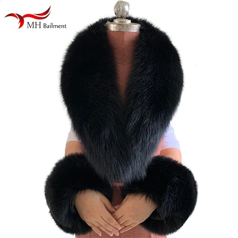 Women Winter 100% Natural Fox Fur Scarf Jacket Fur Collar Neck Scarves And Cuff Set Fox Fur Warm Neck Warmers 250121bj