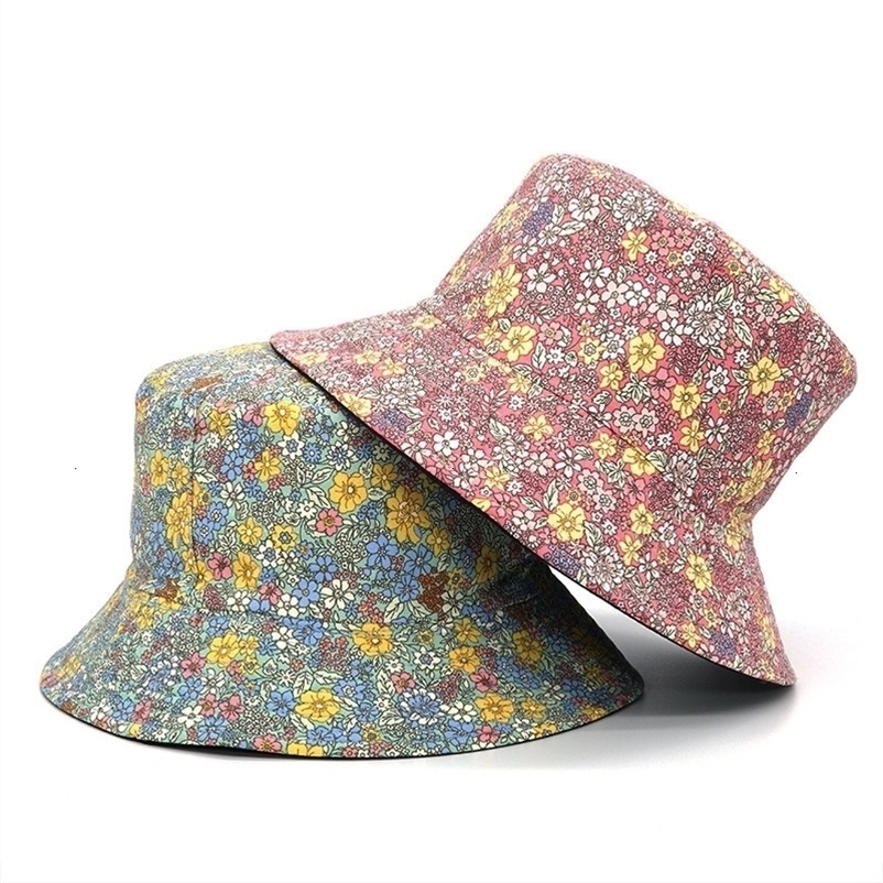 Wide Brim Hats Bucket Hats Fashion Floral Print Bucket Hat Women Double Side Cotton Reversible Sun Protection Cap Female Panama Fisherman 230831bj