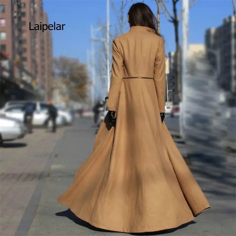 Women Wool Blends Autumn And Winter Large Size Goddess Slim Big Swing Split Ends Mopping Long Section Wool Woolen Cloth Coat 240830