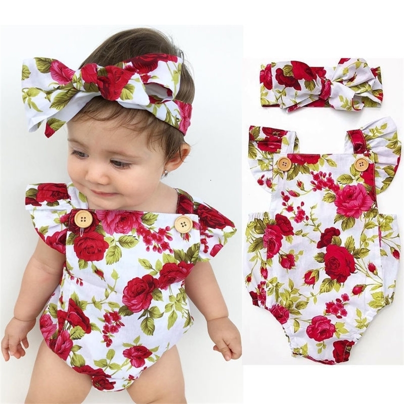 Rompers Cute Floral Romper 2pcs Baby Girls Clothes Jumpsuit Romper Headband 0 24M Age Ifant Toddler born Outfits Set 230724