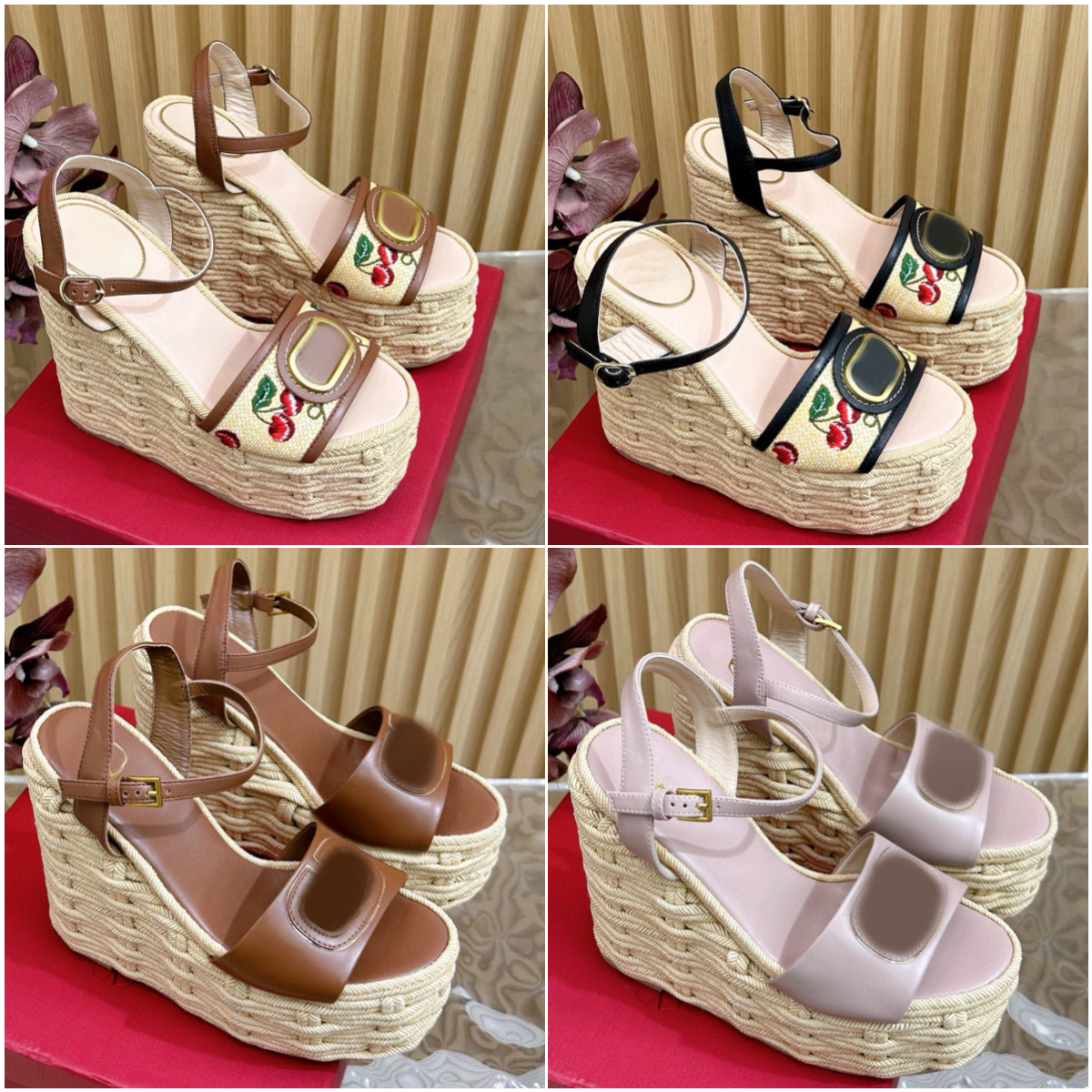 designer Signature Jacquard wedge mules sandals fashion leather V rivets Straw Daily Outfit Platform Fisherman Shoes Size 35-41