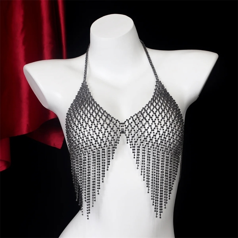 Fashionable mesh Tassel retro style black rhinestone chest chain nightclub womens body chain jewelry 250107
