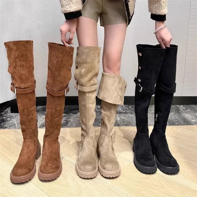 Knee above denim boots for womens ers winter platform shoes fashionable fur suede wedge thick boots motorcycle shoes 2024 240926bj
