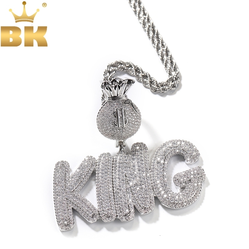 Pendant Necklaces THE BLING KING Custom Bubble Letters With Dollar Sign Money Bag Clasp Name Pendant Necklace Iced Out CZ Charm Hiphop Jewelry 23083