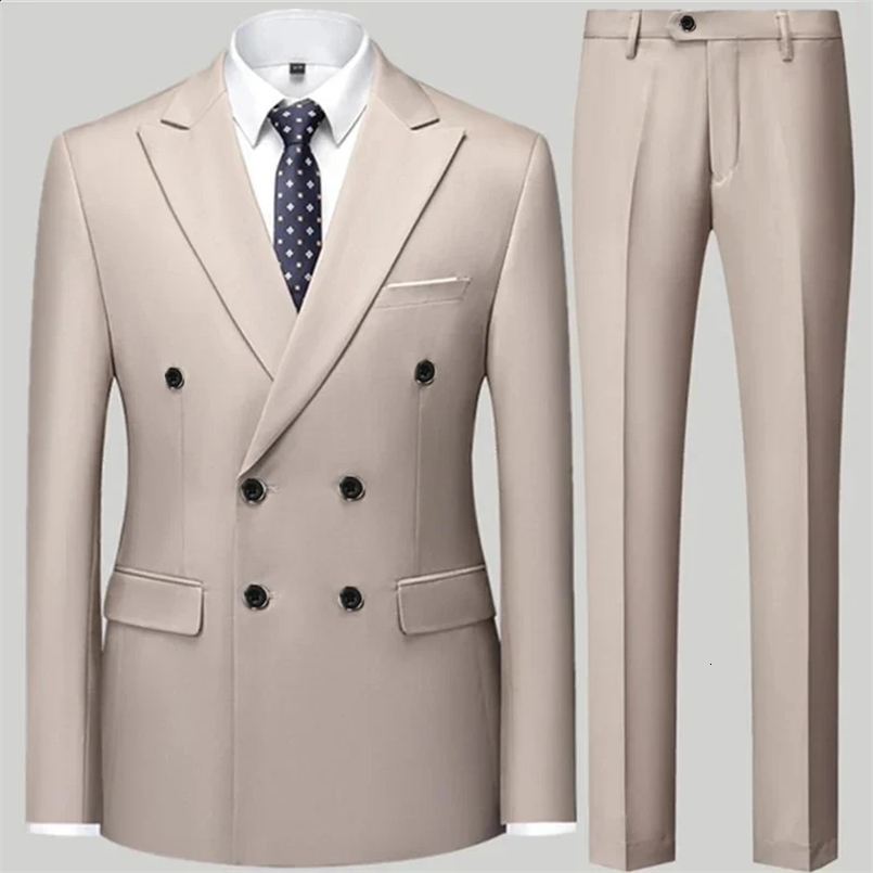 Fashion Mens Casual Boutique Double Breasted Suit Trousers / Mans Business Suit Jacket Blazers Coat Pants 2 Pcs Set 250122