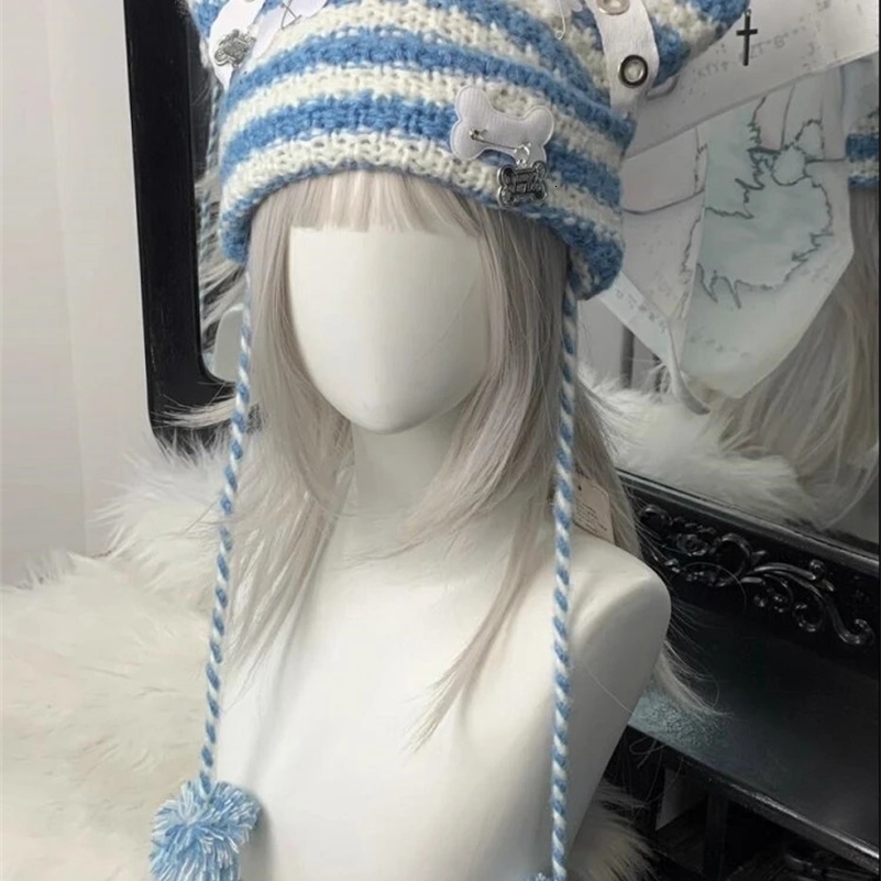Harajuku Gothic Punk Little Devil Striped Knitted Hat Women Winter Warm Cat Ears Caps Y2k Japanese Cross Bone Cute Beanie Hats 241116