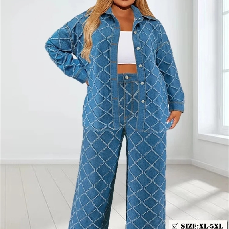 Wmstar Plus size denim two-piece set womens autumn clothing printed long sleeved top pants matching set wholesale down jacket 241206bj