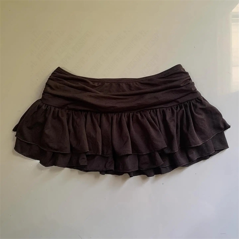Summer Ruched Skirts Womens Brown Y2K cute Mini Beachwear Casual Short Skirt Fashion retro Kawaii Style solid color mini Skirt 250318