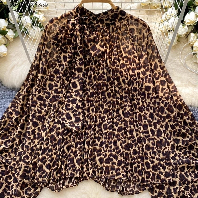 SINGREINY Autumn Leopard Print Blouse Women Bow Neck Long Sleeves Loose Top Korean Style Ins Polka Dot Chiffon Shirt 250422