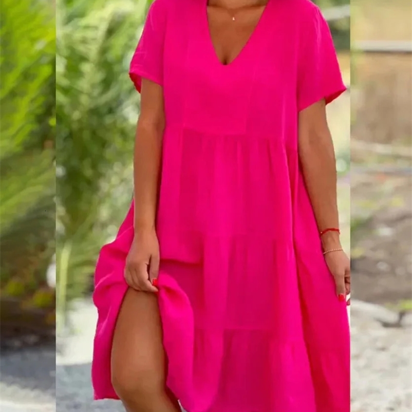 Cotton linen casual womens 2025 spring/summer sweet short sleeved solid V-neck loose dress S-5XL250425bj