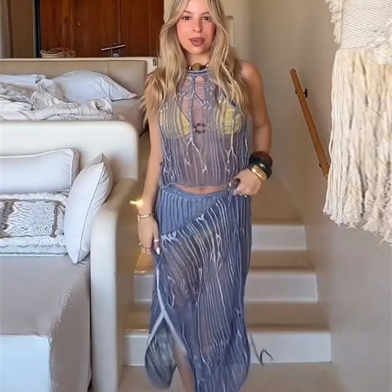 Women Skirt Set Sexy O-neck See through Lace Up Mesh Cropped Vest Patchwork Split Skirts Female Suit Summer Beach Outfits 250523