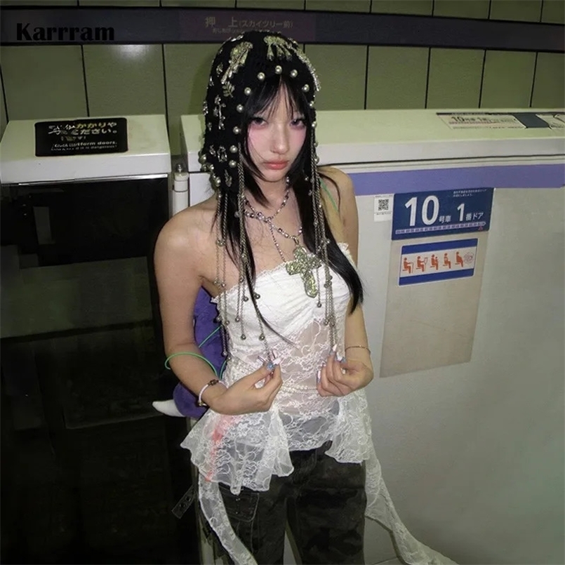 Karrram Japanese Y2k Lace Tank Top Trashy 2000s Style Irregular Camisole Vintage Harajuku See Through Tube Top Grunge Aesthetics 250418