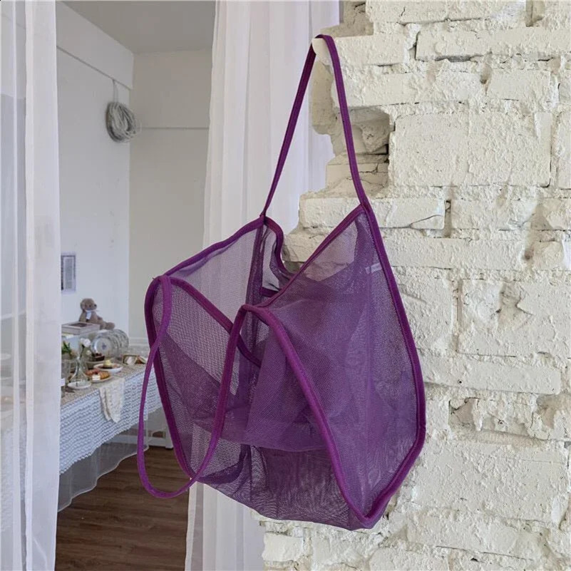 Summer Mesh Bag Hollow Out Large Capacity Shoulder Bags For Women Travel Beach Bag Student Bookbag Shopping Back 240723